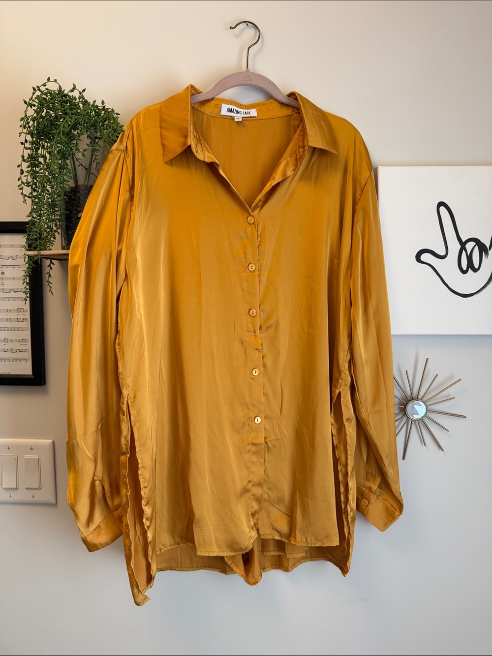 Satin Button-Down Romper with Shirt Layer - Mustard Gold